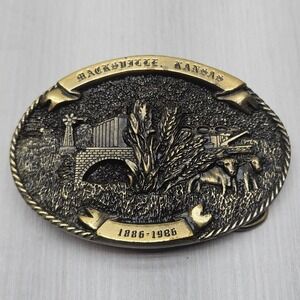 Macksville Kansas Centennial Belt Buckle 1886 1986 Vintage Collectible Brass
